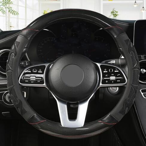 GZE Honeycomb Steering Wheel Cover Carbon Fiber Leather Breathable Wear-Resistant 15 Inch Four Seasons Universal Car Steering Wheel Covers (Black-Red) in Saudi Arabia