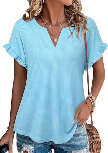 Youtalia Women's Casual Ribbed Knit Tops Ruffle Short Sleeve T Shirts Summer V Neck Solid Blouses in Saudi Arabia