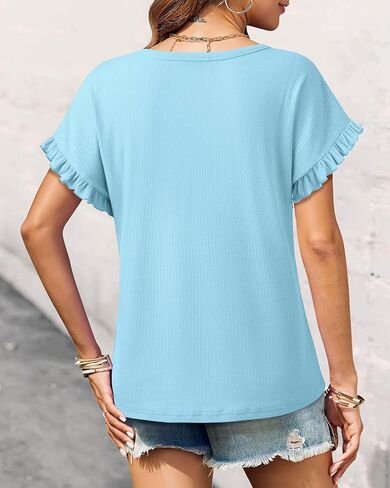 Youtalia Women's Casual Ribbed Knit Tops Ruffle Short Sleeve T Shirts Summer V Neck Solid Blouses in Saudi Arabia