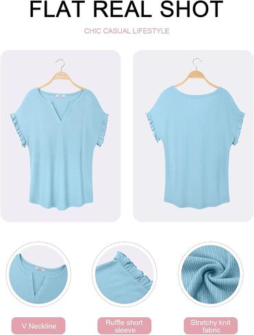 Youtalia Women's Casual Ribbed Knit Tops Ruffle Short Sleeve T Shirts Summer V Neck Solid Blouses in Saudi Arabia