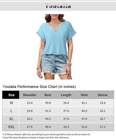 Youtalia Women's Casual Ribbed Knit Tops Ruffle Short Sleeve T Shirts Summer V Neck Solid Blouses in Saudi Arabia