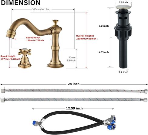 Votamuta الحمام بالوعة الحنفية النفط يفرك الحنفيات الحمام البرونزية لبالوعة 3 حفرة 8 بوصة 2 مقابض صنبور واسع النطاق لبالوعة الحمام الغرور صنبور مع تجاوز استنزاف المنبثقة وخطوط المياه in Kuwait