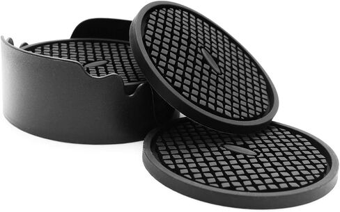 IYYI Silicone Coasters Set of 6, Drink Coasters with Holder, Non-Slip Cup Mat, Deep Tray Absorbent Coaster, Heat Resistant Countertop Protection (Black-Square) in Saudi Arabia