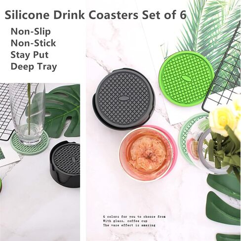 IYYI Silicone Coasters Set of 6, Drink Coasters with Holder, Non-Slip Cup Mat, Deep Tray Absorbent Coaster, Heat Resistant Countertop Protection (Black-Square) in Saudi Arabia