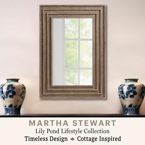 Martha Stewart Wall Mirror for Bedroom, Large Hanging Coastal Decor Mirror for Living Room, Wooden Natural Rattan Weave Frame Entryway Mirror, Ready to Hang Bedroom Wall Decor, Playa, 34" H Brown in Saudi Arabia
