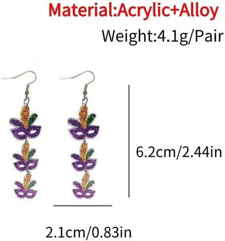 Mardi Gras Acrylic Dangle Earrings Carnival Sparkle Colorful Hat Mask Lobster Earrings For Women Girls Holiday Jewelry Gifts in Saudi Arabia