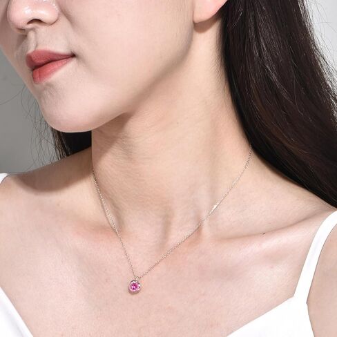 immobird 925 Sterling Silver Necklace for Women with Created/Natural Birthstone Rose Shape Necklace for Girl Dainty Round Silver Necklace for Gift in Kuwait