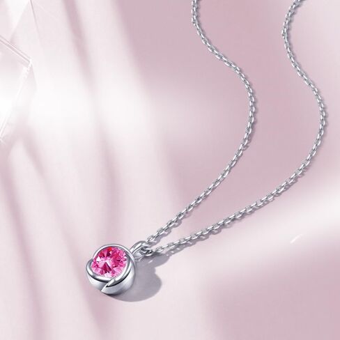 immobird 925 Sterling Silver Necklace for Women with Created/Natural Birthstone Rose Shape Necklace for Girl Dainty Round Silver Necklace for Gift in Kuwait