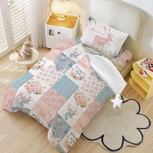 Custom Toddler Bedding Set for Girls, Personalized Pink Floral 3 Pcs Crib Bedding Set, includes Duvet Cover, Fitted Sheet, Envelope Pillowcase for Baby Infant Kids in Saudi Arabia
