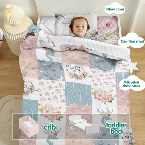 Custom Toddler Bedding Set for Girls, Personalized Pink Floral 3 Pcs Crib Bedding Set, includes Duvet Cover, Fitted Sheet, Envelope Pillowcase for Baby Infant Kids in Saudi Arabia