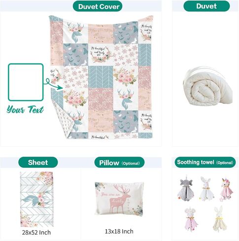 Custom Toddler Bedding Set for Girls, Personalized Pink Floral 3 Pcs Crib Bedding Set, includes Duvet Cover, Fitted Sheet, Envelope Pillowcase for Baby Infant Kids in Saudi Arabia