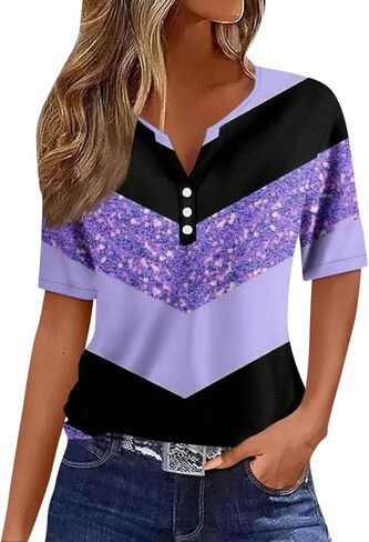 Henley Shirts for Women Buttons Sexy Shirts Short Sleeve Dressy Blouses 2024 Geometric Print Tops in Saudi Arabia