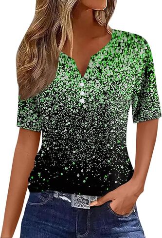 Henley Shirts for Women Buttons Sexy Shirts Short Sleeve Dressy Blouses 2024 Geometric Print Tops in Saudi Arabia