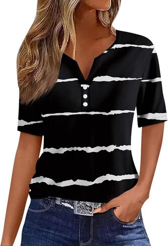 Henley Shirts for Women Buttons Sexy Shirts Short Sleeve Dressy Blouses 2024 Geometric Print Tops in Saudi Arabia