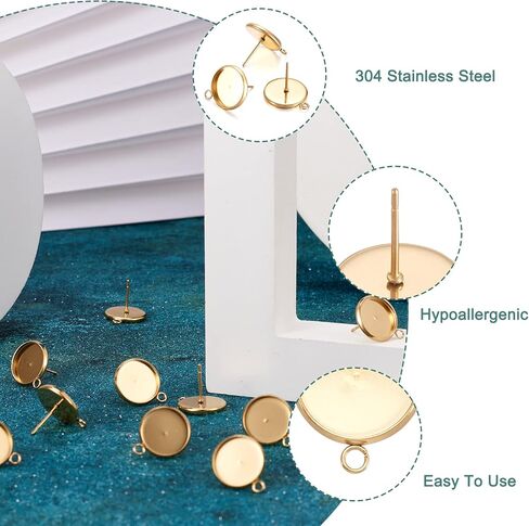 PH PandaHall 100Pcs Stainless Steel Stud Earrings - Cabochon Setting, Bezel Earring Posts, Dangle Earring Design in Saudi Arabia