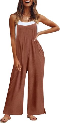 Women Casual Overalls Summer Wide Leg Jumpsuits Spaghetti Straps Baggy Rompers Loose Fit Outfits with Pocket for Women in Saudi Arabia
