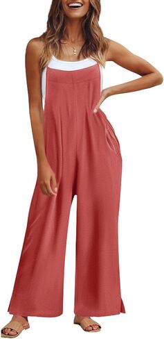 Women Casual Overalls Summer Wide Leg Jumpsuits Spaghetti Straps Baggy Rompers Loose Fit Outfits with Pocket for Women in Saudi Arabia