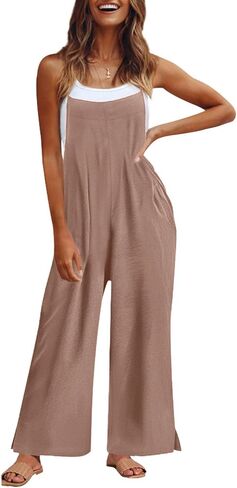 Women Casual Overalls Summer Wide Leg Jumpsuits Spaghetti Straps Baggy Rompers Loose Fit Outfits with Pocket for Women in Saudi Arabia