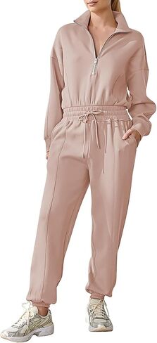 Fixmatti Zip Up Jumpsuits for Women Casual Long Sleeve Drawstring Waist Romper with Pockets in Saudi Arabia