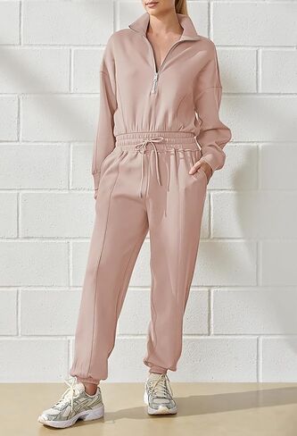 Fixmatti Zip Up Jumpsuits for Women Casual Long Sleeve Drawstring Waist Romper with Pockets in Saudi Arabia