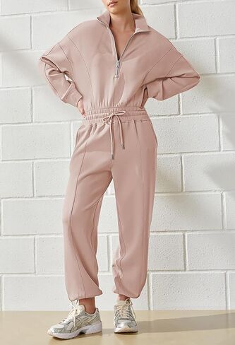 Fixmatti Zip Up Jumpsuits for Women Casual Long Sleeve Drawstring Waist Romper with Pockets in Saudi Arabia