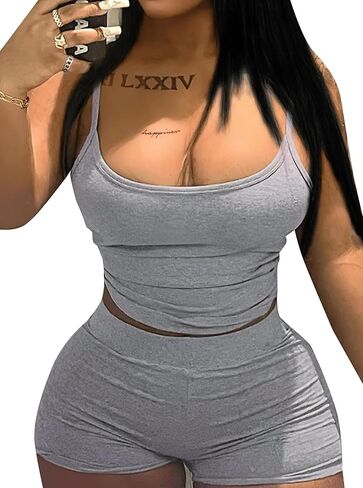 LovelyWholesale المرأة كامي المحاصيل الأعلى والسراويل الرياضية مغرفة الرقبة 2 قطعة ملابس in Saudi Arabia