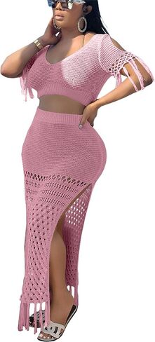 2 Piece Outfits for Women Sexy Crochet Tassel Split Midi Dress Summer V Neck Knitted Hollow Crop Tops Y2K Streetwear in Saudi Arabia
