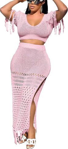 2 Piece Outfits for Women Sexy Crochet Tassel Split Midi Dress Summer V Neck Knitted Hollow Crop Tops Y2K Streetwear in Saudi Arabia