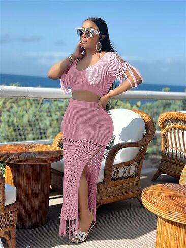 2 Piece Outfits for Women Sexy Crochet Tassel Split Midi Dress Summer V Neck Knitted Hollow Crop Tops Y2K Streetwear in Saudi Arabia