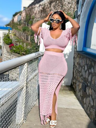 2 Piece Outfits for Women Sexy Crochet Tassel Split Midi Dress Summer V Neck Knitted Hollow Crop Tops Y2K Streetwear in Saudi Arabia