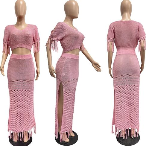 2 Piece Outfits for Women Sexy Crochet Tassel Split Midi Dress Summer V Neck Knitted Hollow Crop Tops Y2K Streetwear in Saudi Arabia
