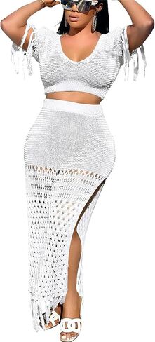 2 Piece Outfits for Women Sexy Crochet Tassel Split Midi Dress Summer V Neck Knitted Hollow Crop Tops Y2K Streetwear in Kuwait