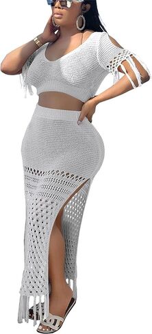2 Piece Outfits for Women Sexy Crochet Tassel Split Midi Dress Summer V Neck Knitted Hollow Crop Tops Y2K Streetwear in Kuwait