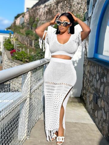 2 Piece Outfits for Women Sexy Crochet Tassel Split Midi Dress Summer V Neck Knitted Hollow Crop Tops Y2K Streetwear in Kuwait