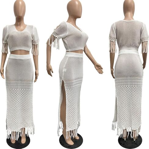 2 Piece Outfits for Women Sexy Crochet Tassel Split Midi Dress Summer V Neck Knitted Hollow Crop Tops Y2K Streetwear in Kuwait