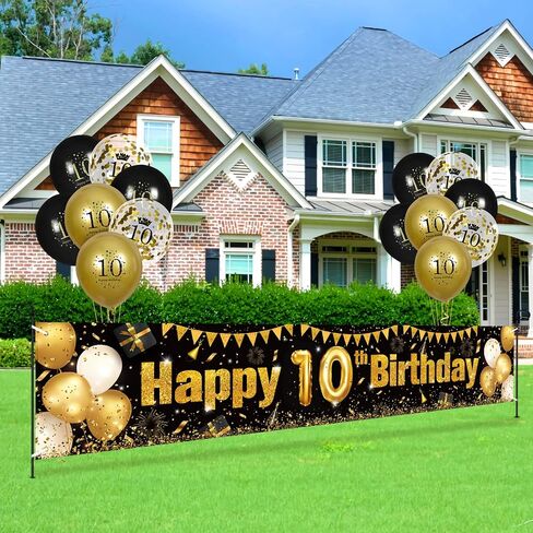 80th Birthday Decorations for Men Women Black and Gold, Black Gold Birthday Yard Banner Sign and 18 PCS 80th Happy Birthday Balloons for 80th Anniversary Birthday Party Supplies Outdoor Yard Decor in Saudi Arabia