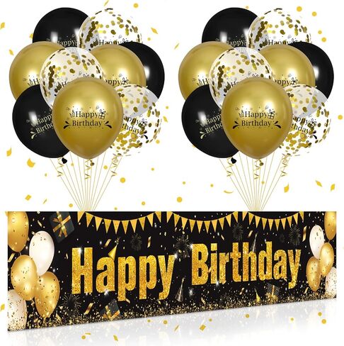 80th Birthday Decorations for Men Women Black and Gold, Black Gold Birthday Yard Banner Sign and 18 PCS 80th Happy Birthday Balloons for 80th Anniversary Birthday Party Supplies Outdoor Yard Decor in Saudi Arabia