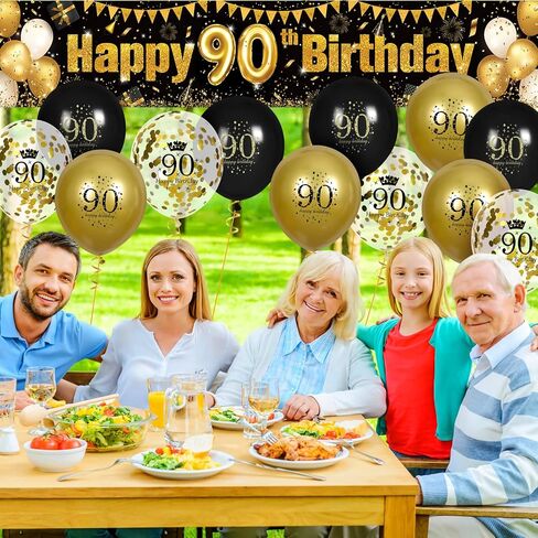 زينة عيد الميلاد الثمانين للرجال والنساء باللون الأسود والذهبي، لافتة لافتة عيد ميلاد ذهبية سوداء و18 قطعة من بالونات عيد الميلاد السعيد الثمانين للذكرى الثمانين لحفلات أعياد الميلاد وديكور الفناء الخارجي in Saudi Arabia