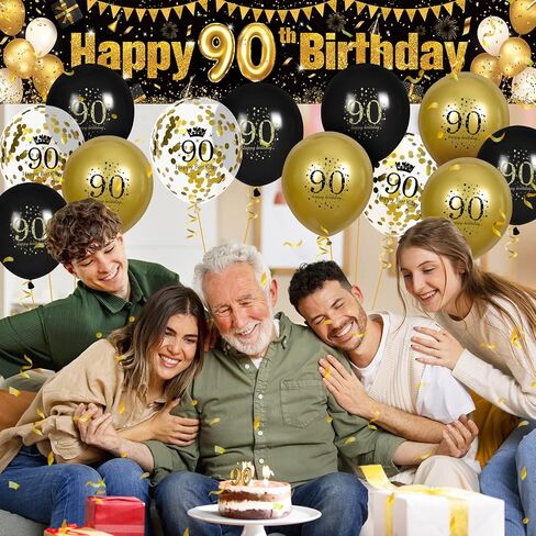 زينة عيد الميلاد الثمانين للرجال والنساء باللون الأسود والذهبي، لافتة لافتة عيد ميلاد ذهبية سوداء و18 قطعة من بالونات عيد الميلاد السعيد الثمانين للذكرى الثمانين لحفلات أعياد الميلاد وديكور الفناء الخارجي in Saudi Arabia