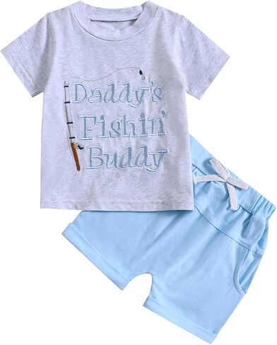 Toddler Baby Boy Fishing Outfits Daddy's/Papaw's Fishing Buddy Short Sleeve T-Shirt and Fish Print Shorts 2Pcs Set in Saudi Arabia