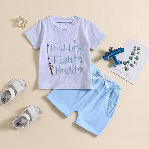 Toddler Baby Boy Fishing Outfits Daddy's/Papaw's Fishing Buddy Short Sleeve T-Shirt and Fish Print Shorts 2Pcs Set in Saudi Arabia