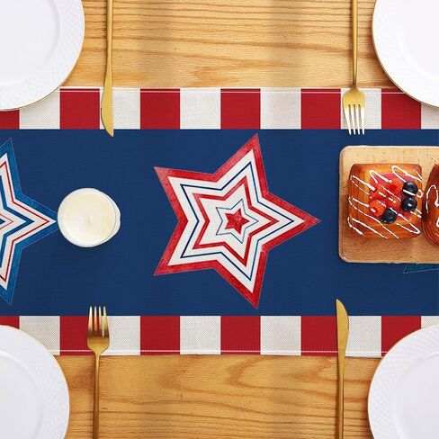 4th of July Patriotic Table Runner, Independence Day Table Decor for Indoor Outdoor Home Party Decoration, Red White and Blue Rustic Dining Room Table Runner for Memorial Day in Saudi Arabia