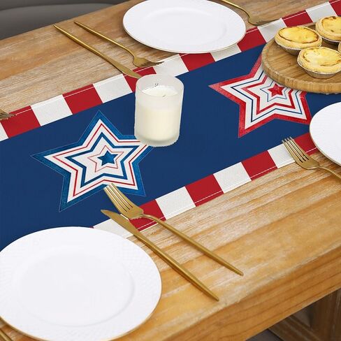 4th of July Patriotic Table Runner, Independence Day Table Decor for Indoor Outdoor Home Party Decoration, Red White and Blue Rustic Dining Room Table Runner for Memorial Day in Saudi Arabia