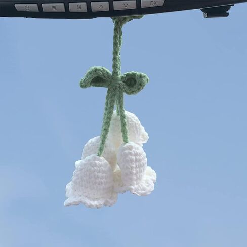 Cute Crochet Convallaria Car Hanging Ornament for Car Rearview Mirrior Decor,Handmade Knitted Flora Flower Car Mirror Hanging Accessories(White) in Saudi Arabia