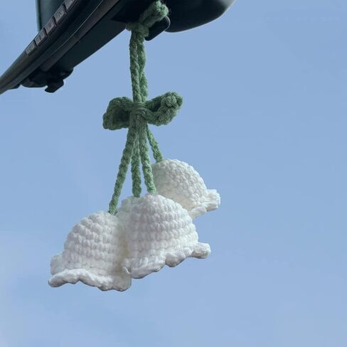 Cute Crochet Convallaria Car Hanging Ornament for Car Rearview Mirrior Decor,Handmade Knitted Flora Flower Car Mirror Hanging Accessories(White) in Saudi Arabia