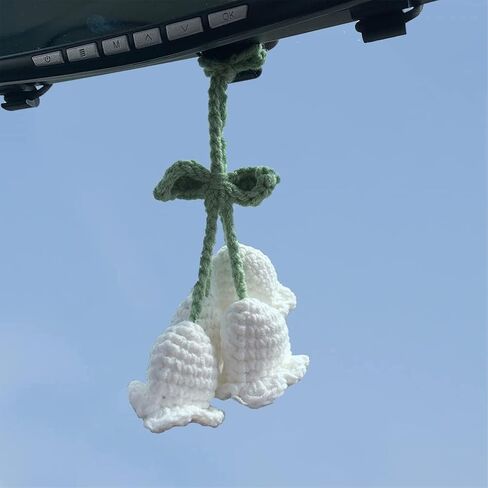 Cute Crochet Convallaria Car Hanging Ornament for Car Rearview Mirrior Decor,Handmade Knitted Flora Flower Car Mirror Hanging Accessories(White) in Saudi Arabia