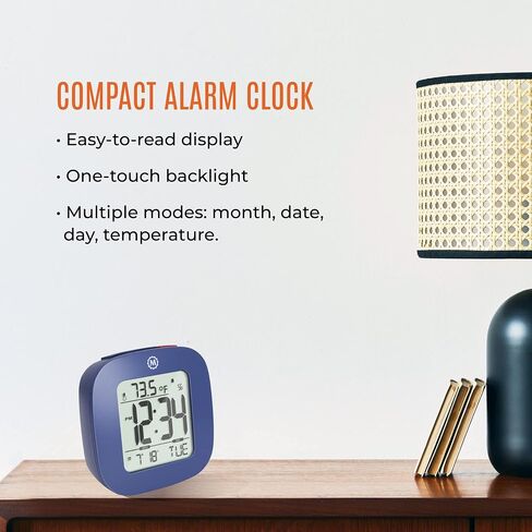 MARATHON Compact Alarm Clock with Temperature & Date, French Blue - Large, Easy to Read Display with Backlight - Easy to Set Up & Use - Two AAA Batteries Included in Saudi Arabia