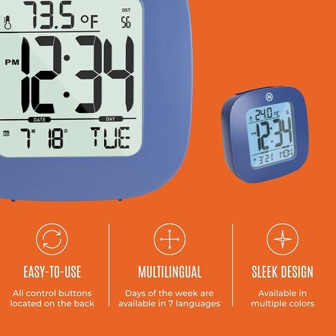 MARATHON Compact Alarm Clock with Temperature & Date, French Blue - Large, Easy to Read Display with Backlight - Easy to Set Up & Use - Two AAA Batteries Included in Saudi Arabia