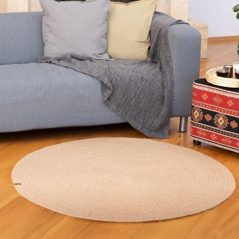 Jute Rug, 4' Round Braided Rugs, Anti Slip Boho Rug, Decorative Pattern Area Rug, Stain Resistant Floor, Kitchen Patio Rug, Entrance Farmhouse Rug, Natural Beige - Spiral in Saudi Arabia