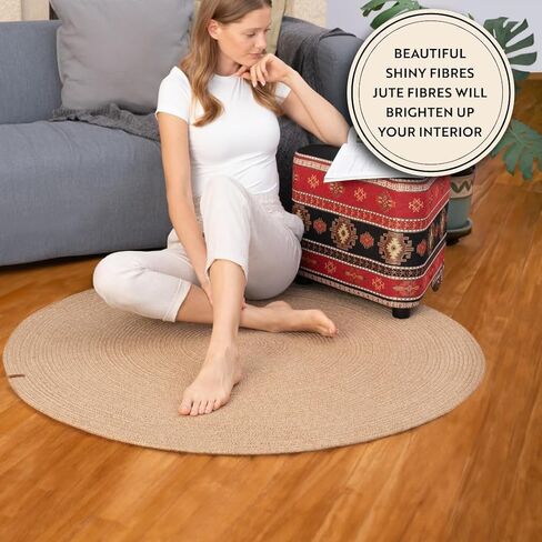 Jute Rug, 4' Round Braided Rugs, Anti Slip Boho Rug, Decorative Pattern Area Rug, Stain Resistant Floor, Kitchen Patio Rug, Entrance Farmhouse Rug, Natural Beige - Spiral in Saudi Arabia